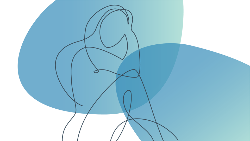 Abstract line illustration of a person with overlapping blue and teal shapes