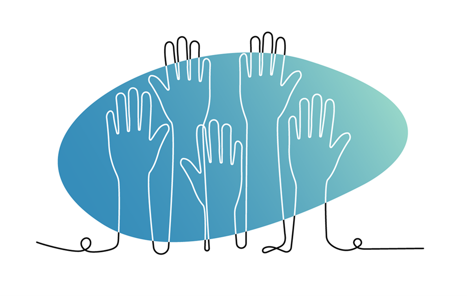 Illustration of raised hands symbolizing community connection and support for people with GPP
